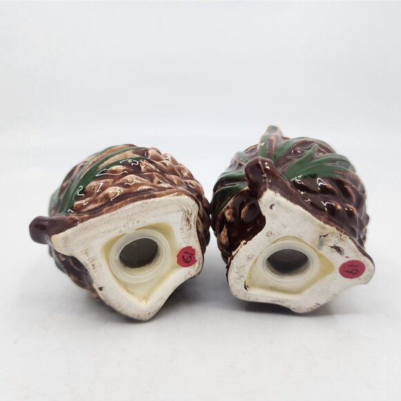 Vintage Pine Cone Salt & Pepper Shakers Set w Leaves Winter Glazed Brown 2.75 in - Picture 4 of 5